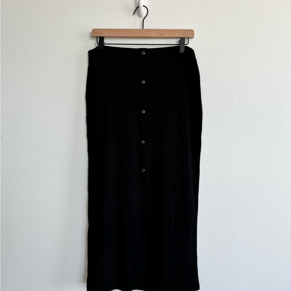 ASOS Black Ribbed Midi Skirt Button Snaps NWT Size 10
